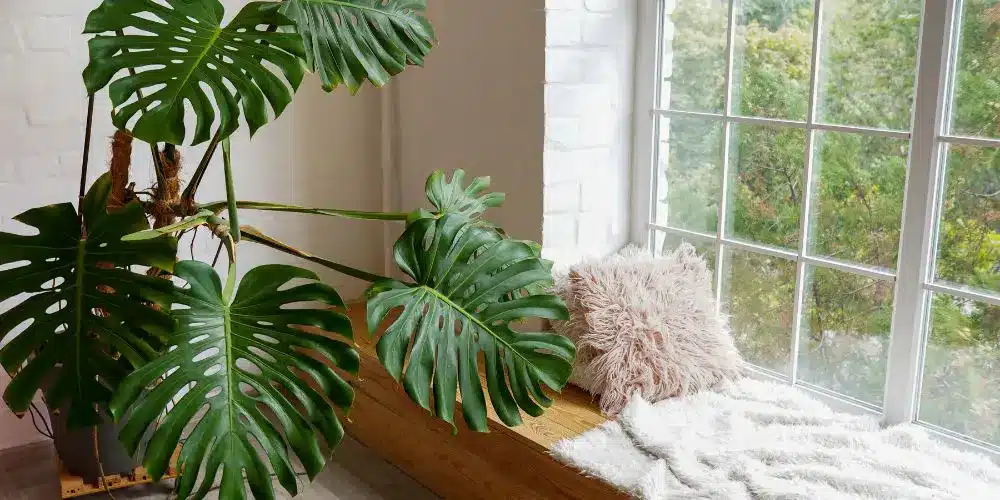 Monstera devant une grande fenêtre lumineuse, l'emplacement de jour qui convient aussi pour faire refleurir un kalanchoé