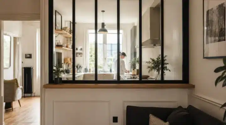 Verrière intérieure noire séparant une cuisine ouverte du salon, lumière naturelle traversante