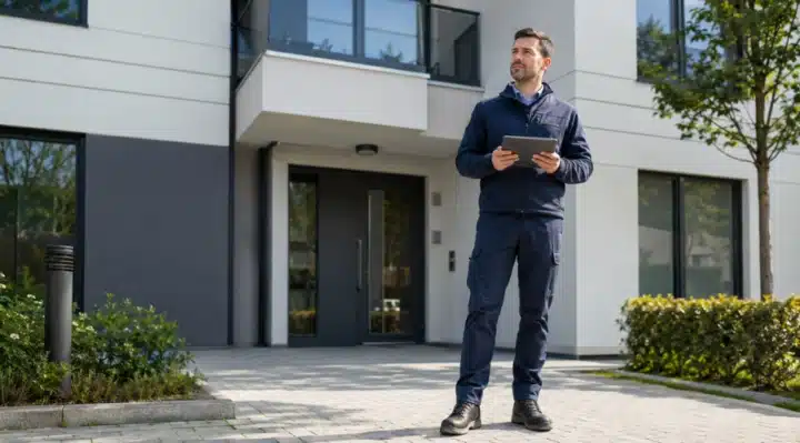 Façade d'un immeuble résidentiel moderne avec un diagnostiqueur (silhouette professionnelle, tablette à la main) devant l'entrée