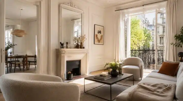 salon lumineux et rangé dans un appartement français contemporain