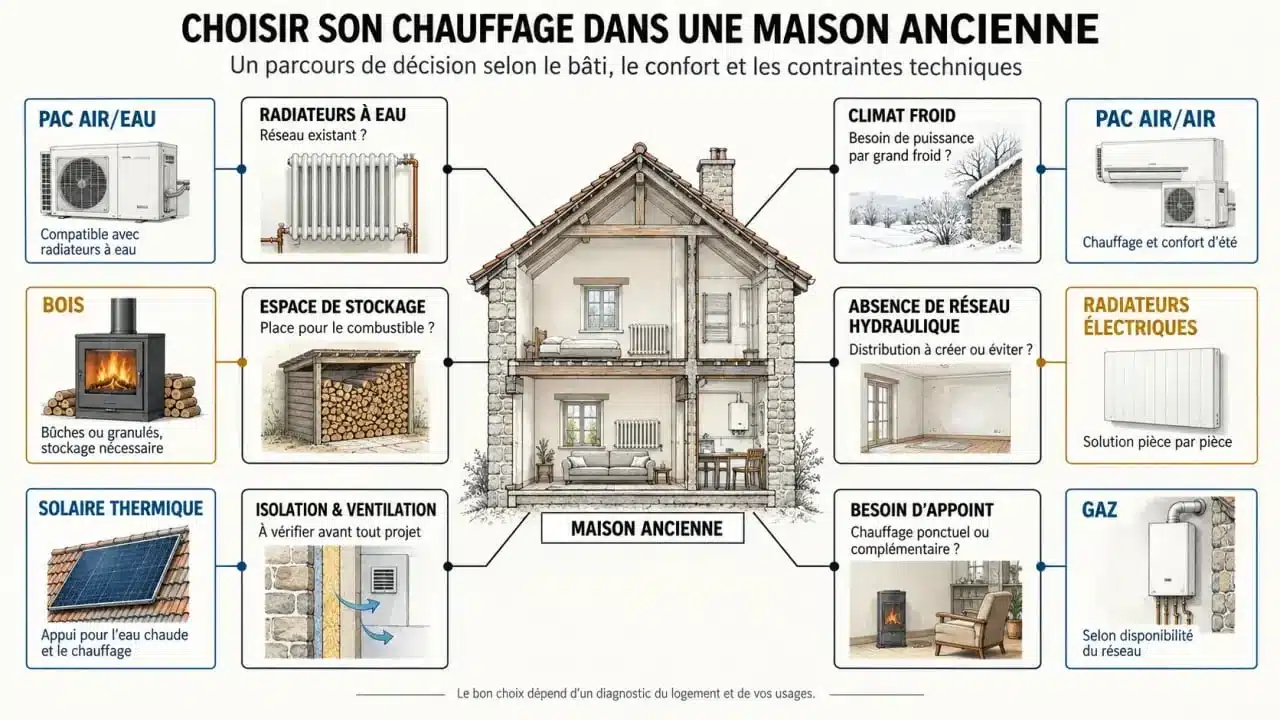 Infographie pour choisir le chauffage d'une maison ancienne selon l'isolation et les équipements