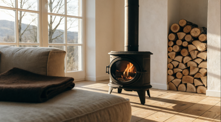 Poêle à bois compact 4 kW en fonte dans un séjour RE2020 minimaliste