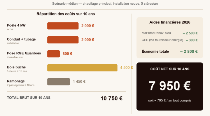 Coût total sur 10 ans d'un poêle à bois 4 kW : appareil, installation, combustible et entretien