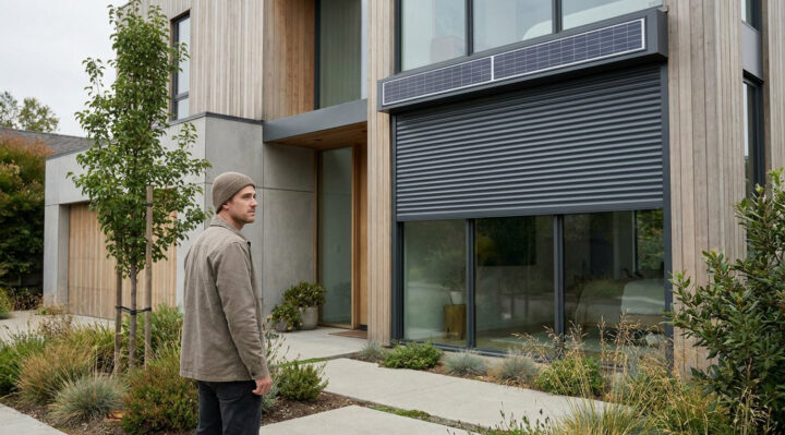 Un homme regarde un volet roulant solaire moderne installé sur la façade d'une maison en bois contemporaine.