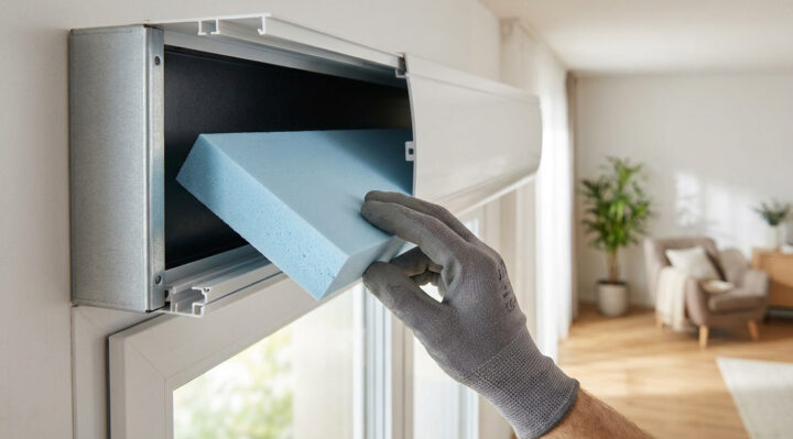Main gantée installant un panneau isolant bleu dans un coffre de volet roulant ouvert au-dessus d'une fenêtre.