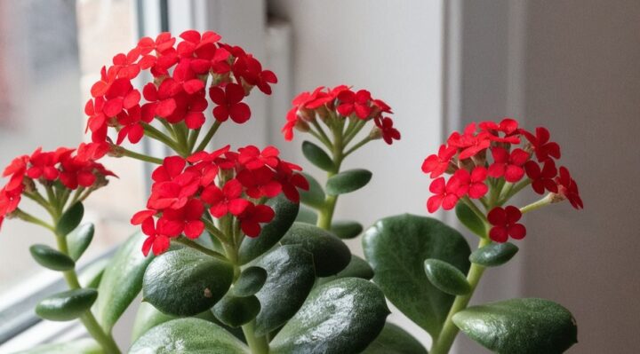 Kalanchoé en fleurs près d'une fenêtre, la plante qu'on fait refleurir grâce à des nuits longues