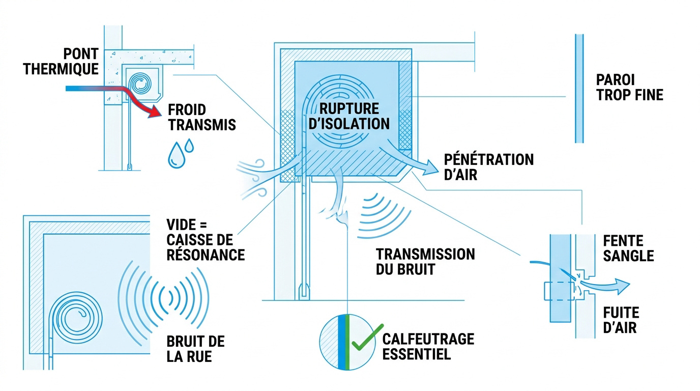 Schéma des déperditions thermiques et acoustiques d'un coffre de volet roulant mal isolé